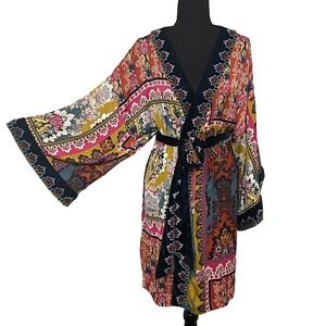 ANTHROPOLOGIE Women's Sz XS/S Zadie Multicolored Floral Velvet Trim Robe Kimono